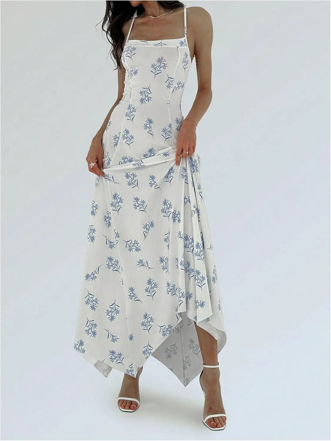 Verdusa Women's Floral Backless Flowy Maxi Dresses Criss Cross Asymmetrical Long Cami Dress