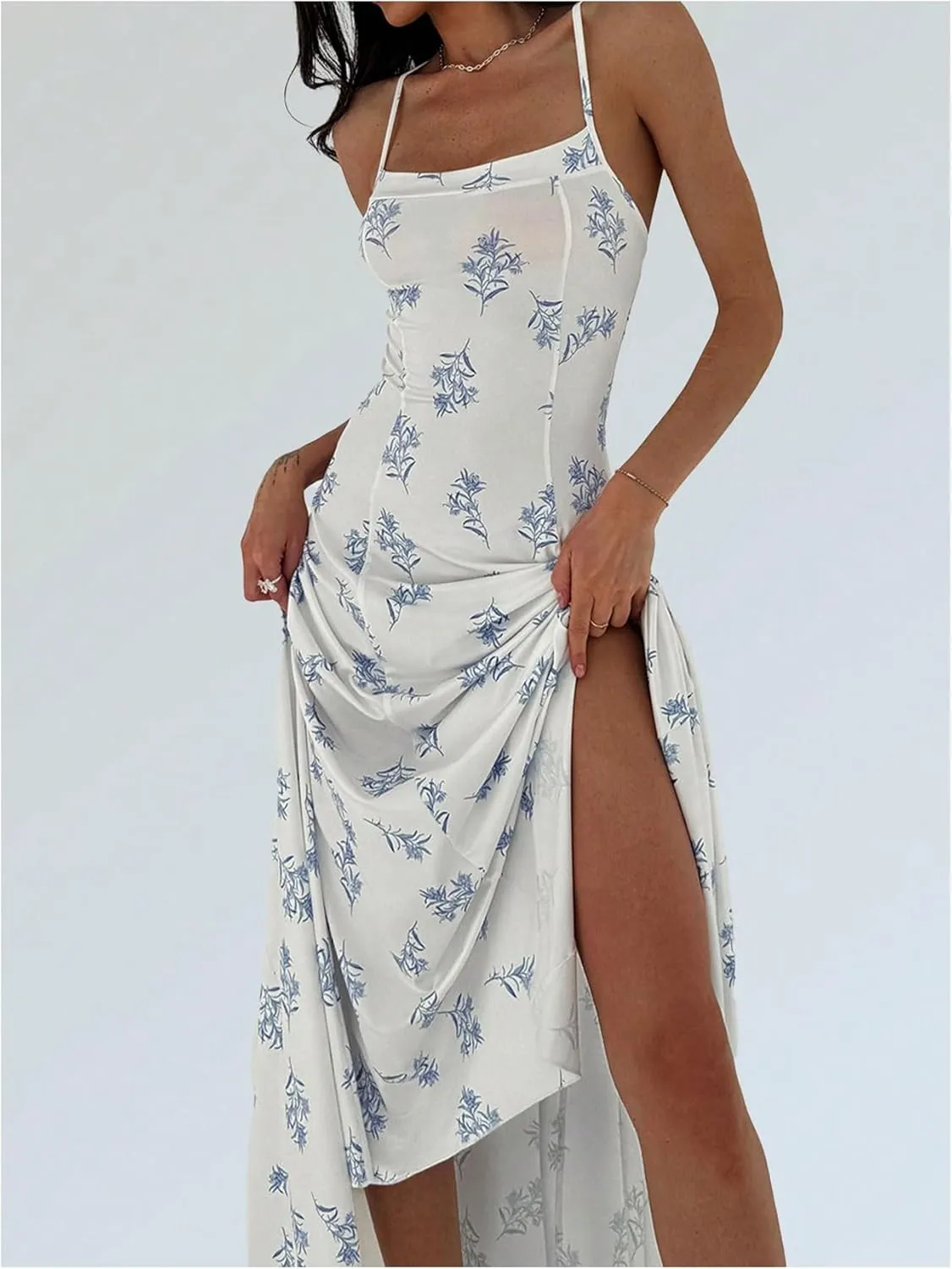 Verdusa Women's Floral Backless Flowy Maxi Dresses Criss Cross Asymmetrical Long Cami Dress