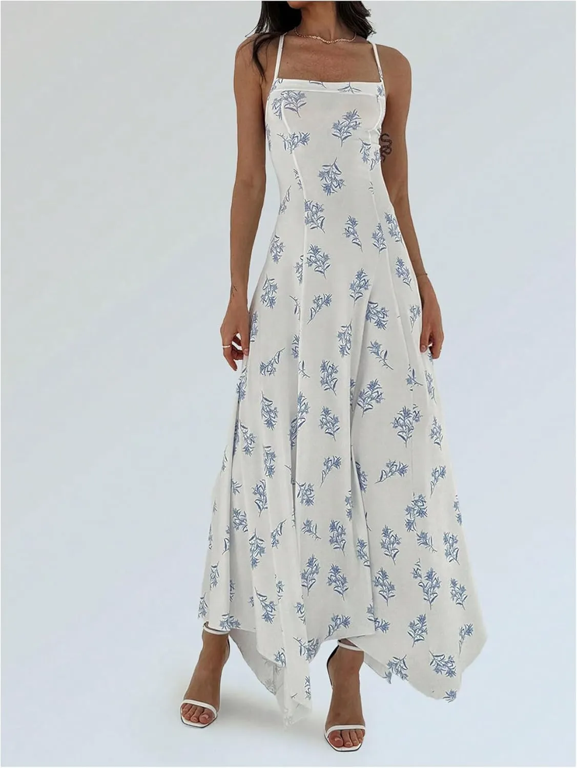 Verdusa Women's Floral Backless Flowy Maxi Dresses Criss Cross Asymmetrical Long Cami Dress