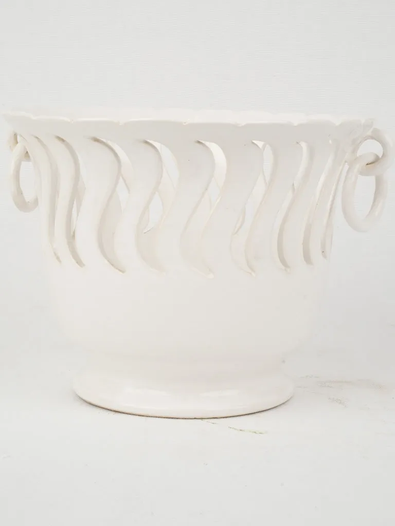 Vintage White Ceramic Cachepot w/ Wavy Cut-Out Design 7"