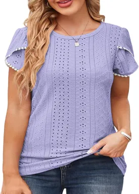 VISLILY Womens-Plus-Size-Summer-Tops Lace Trim Petal Short Sleeve T Shirts Casual Crewneck Eyelet Tunics Blouses Tee XL-5XL