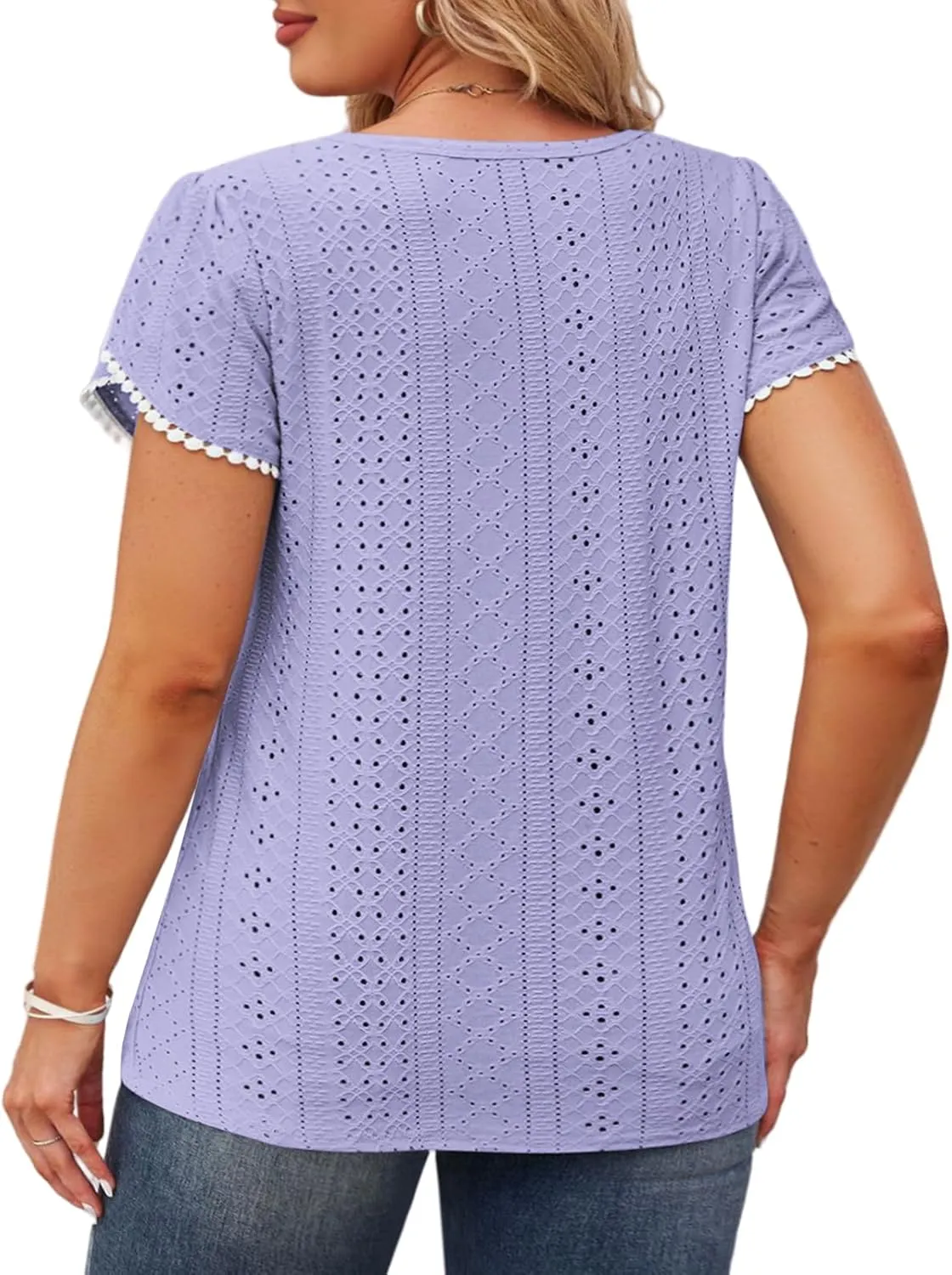 VISLILY Womens-Plus-Size-Summer-Tops Lace Trim Petal Short Sleeve T Shirts Casual Crewneck Eyelet Tunics Blouses Tee XL-5XL