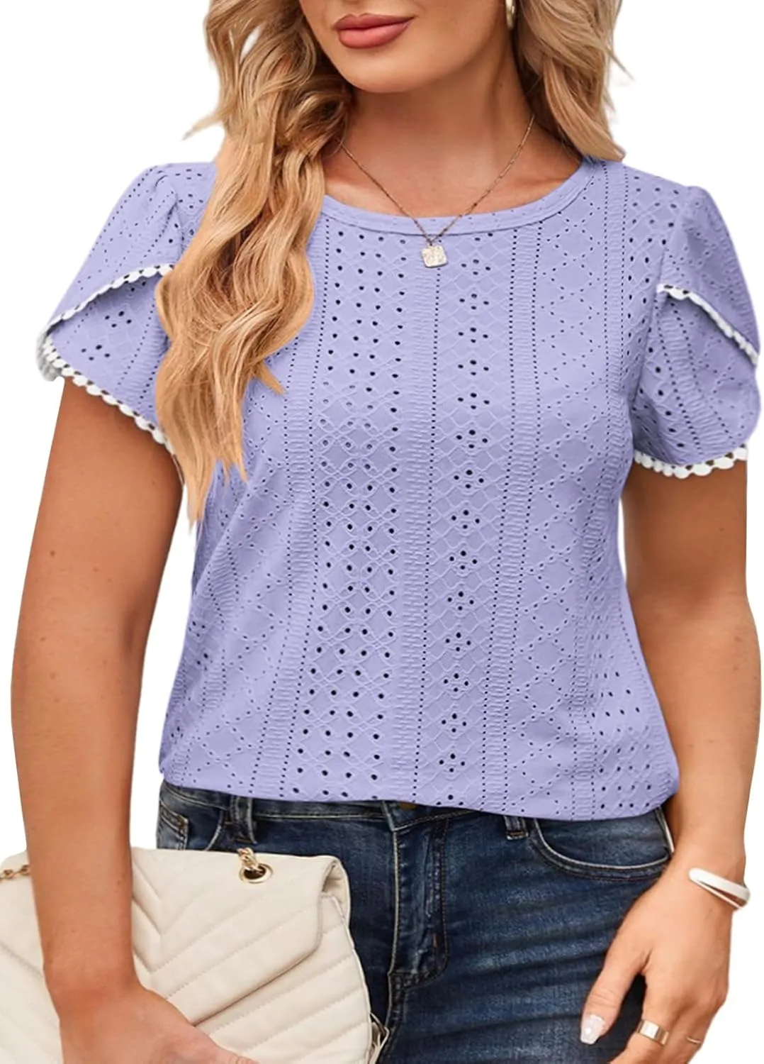 VISLILY Womens-Plus-Size-Summer-Tops Lace Trim Petal Short Sleeve T Shirts Casual Crewneck Eyelet Tunics Blouses Tee XL-5XL