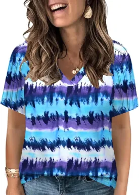 VISLILY Womens-Plus-Size-Summer-Tops Trendy V Neck T Shirts Casual Pleated Short Sleeve Dressy Blouses Tunics Cute Tee XL-5XL