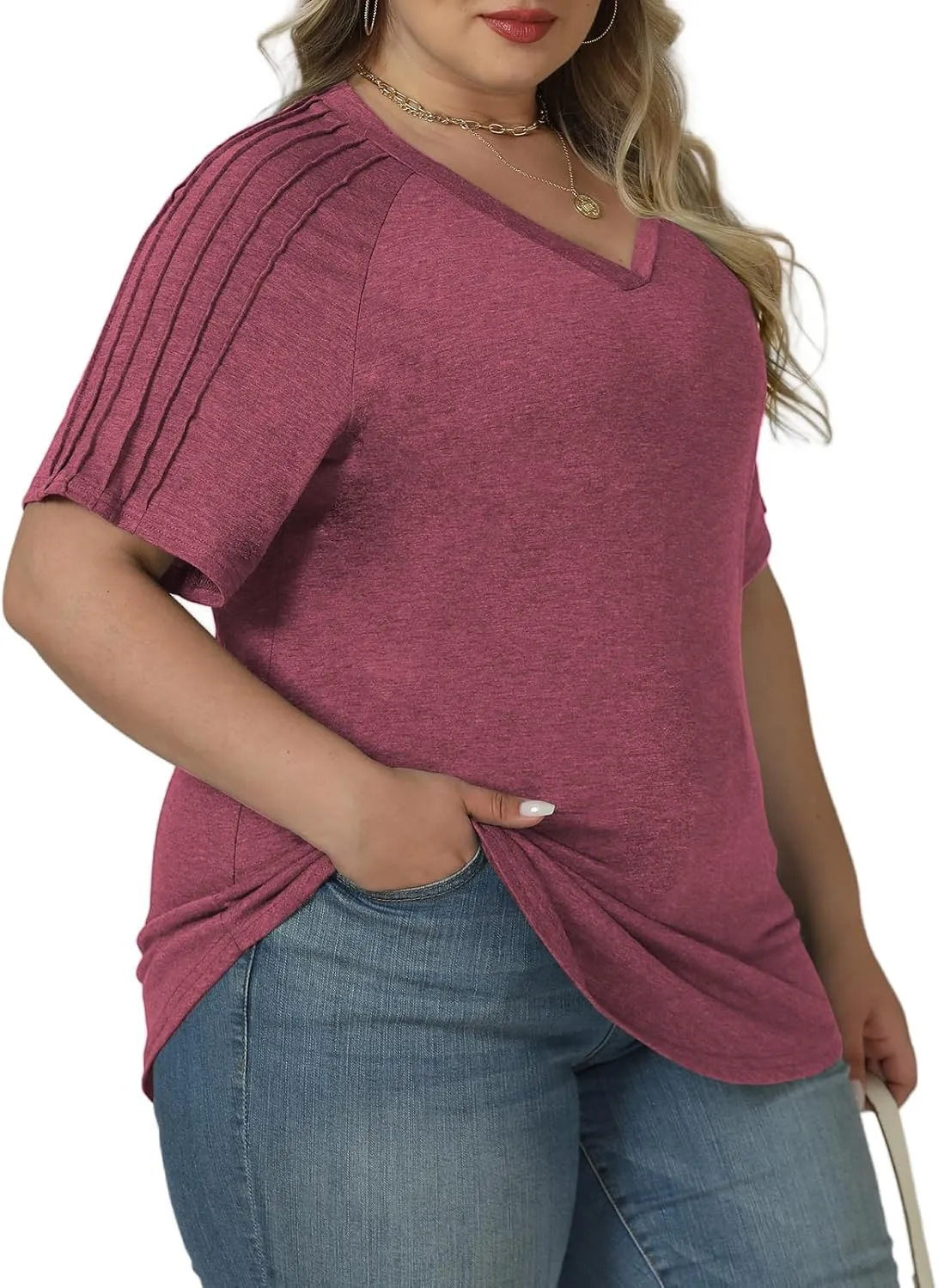 VISLILY Womens-Plus-Size-Summer-Tops Trendy V Neck T Shirts Casual Pleated Short Sleeve Dressy Blouses Tunics Cute Tee XL-5XL