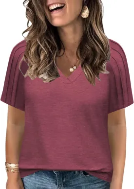 VISLILY Womens-Plus-Size-Summer-Tops Trendy V Neck T Shirts Casual Pleated Short Sleeve Dressy Blouses Tunics Cute Tee XL-5XL