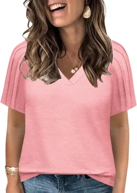 VISLILY Womens-Plus-Size-Summer-Tops Trendy V Neck T Shirts Casual Pleated Short Sleeve Dressy Blouses Tunics Cute Tee XL-5XL