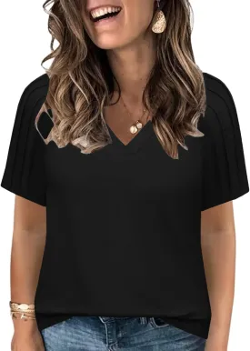 VISLILY Womens-Plus-Size-Summer-Tops Trendy V Neck T Shirts Casual Pleated Short Sleeve Dressy Blouses Tunics Cute Tee XL-5XL