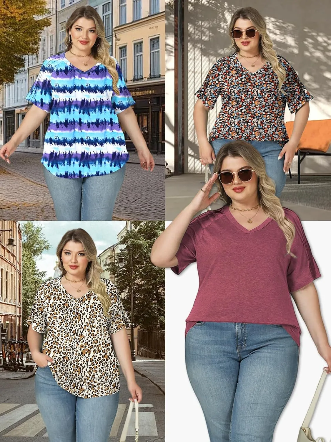 VISLILY Womens-Plus-Size-Summer-Tops Trendy V Neck T Shirts Casual Pleated Short Sleeve Dressy Blouses Tunics Cute Tee XL-5XL