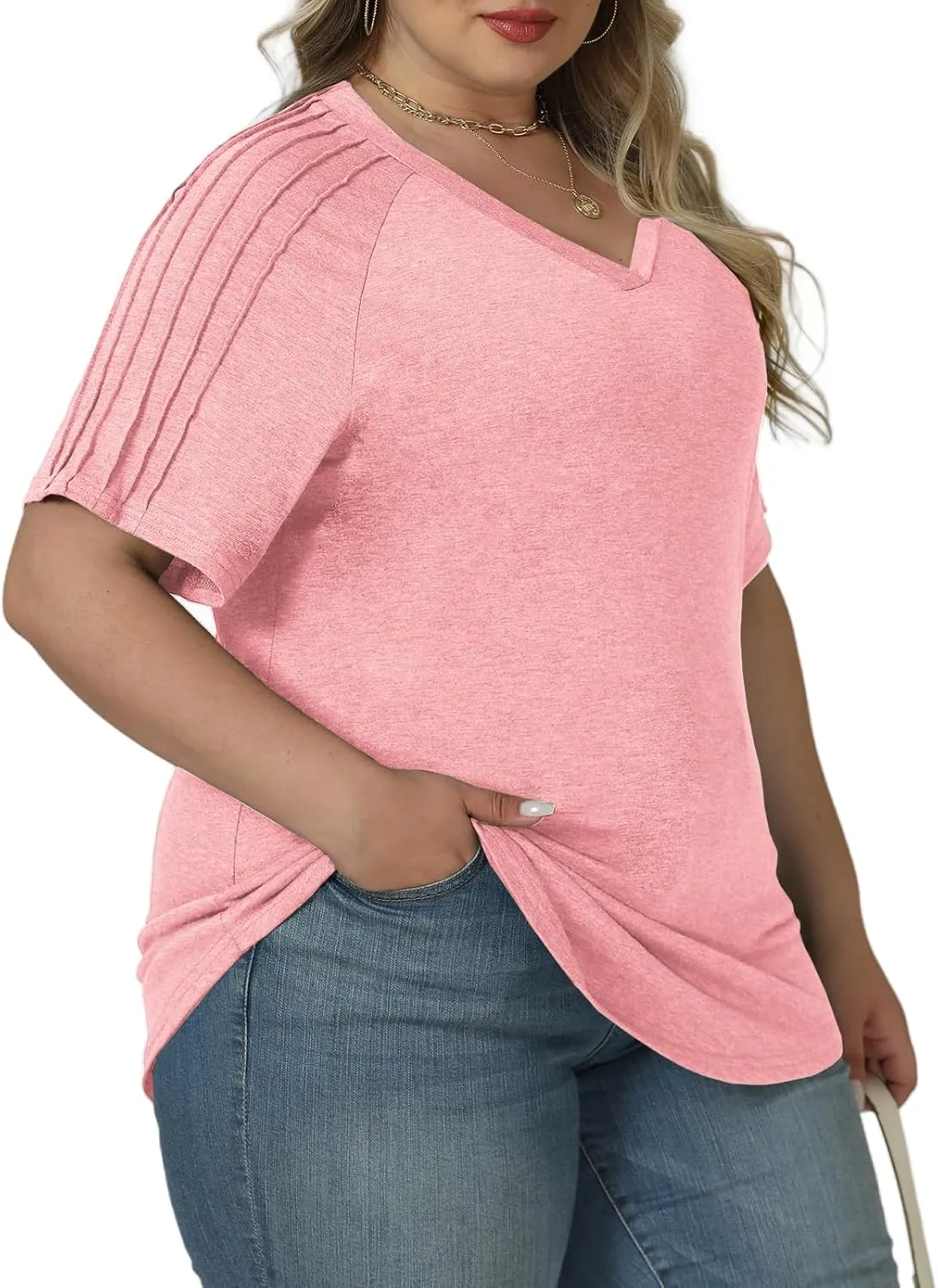 VISLILY Womens-Plus-Size-Summer-Tops Trendy V Neck T Shirts Casual Pleated Short Sleeve Dressy Blouses Tunics Cute Tee XL-5XL