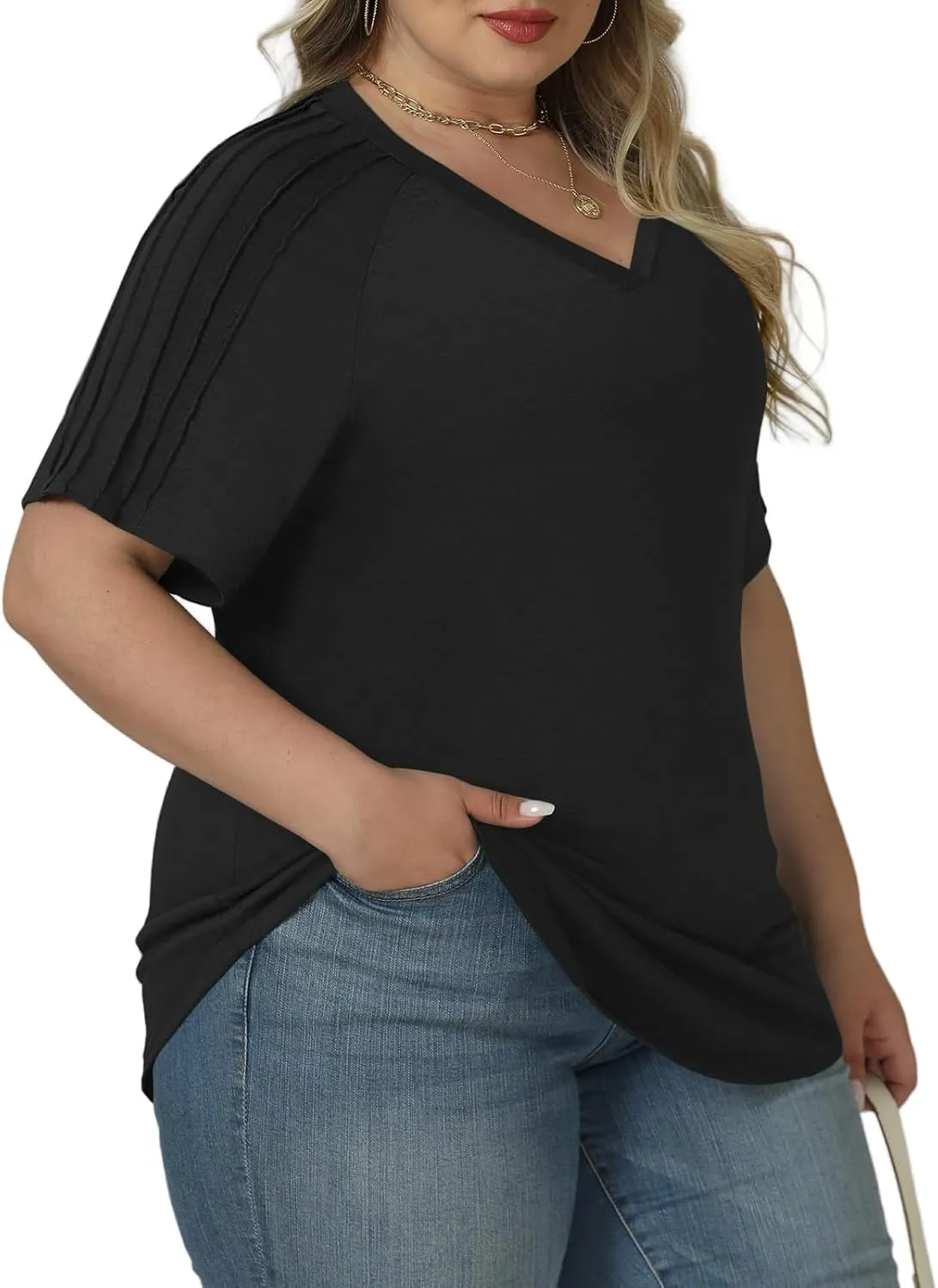 VISLILY Womens-Plus-Size-Summer-Tops Trendy V Neck T Shirts Casual Pleated Short Sleeve Dressy Blouses Tunics Cute Tee XL-5XL