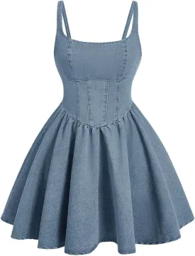 WDIRARA Women's Casual Square Neck Denim Dress Ruffle Hem A Line Mini Dress