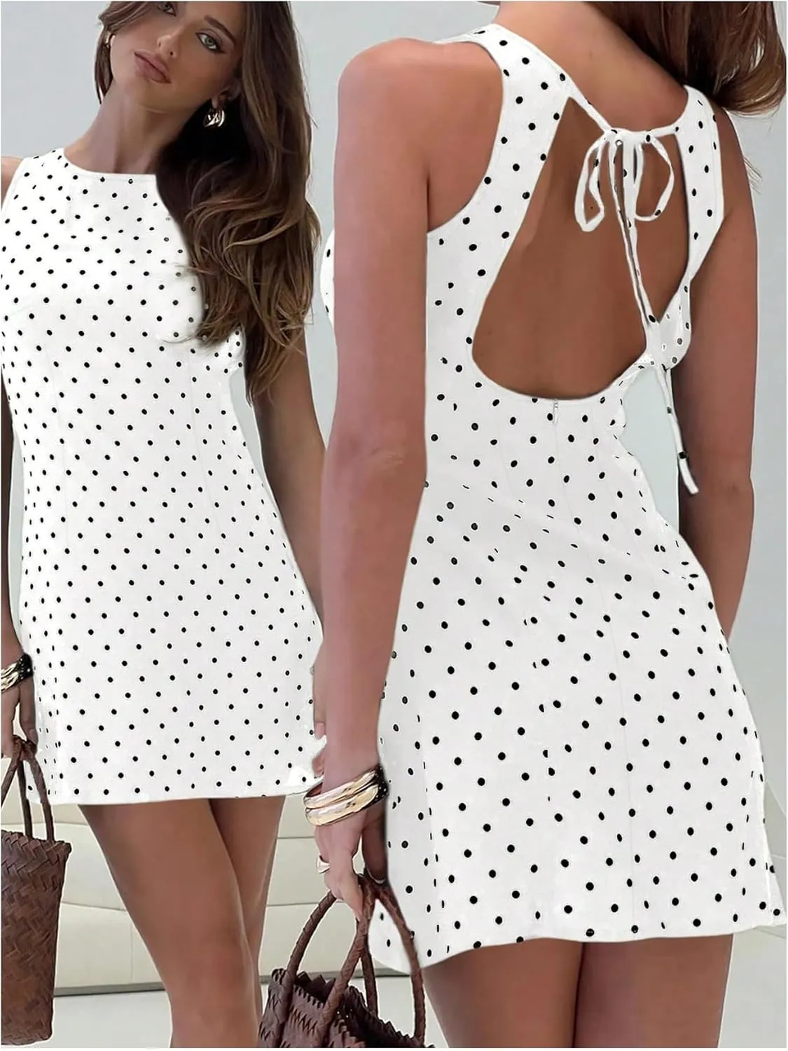 WDIRARA Women's Polka Dots Mini Dress Crew Neck Sleeveless Backless Short Party Dresses