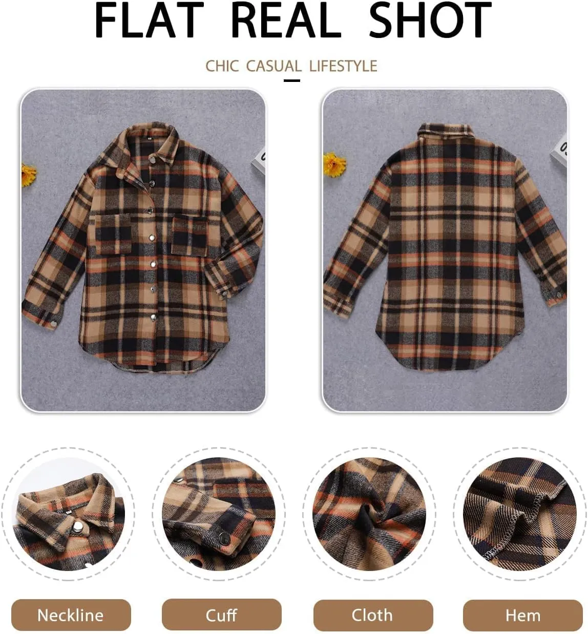 Women's Casual Long Sleeve Tops Fall Blouses Flannel Plaid Button-Down Shirt Jacket with Pockets