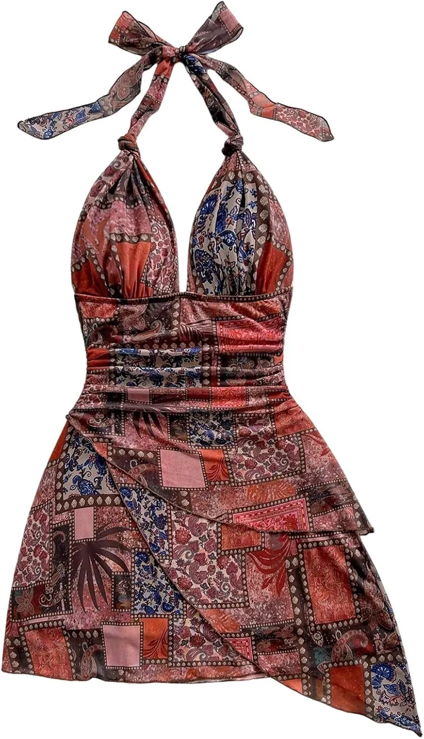 Women's Floral Print Sleeveless Halter Deep V Tie Mini Dress Ruched Backless Slim Fit Cami Dresses Knot Boho Dress