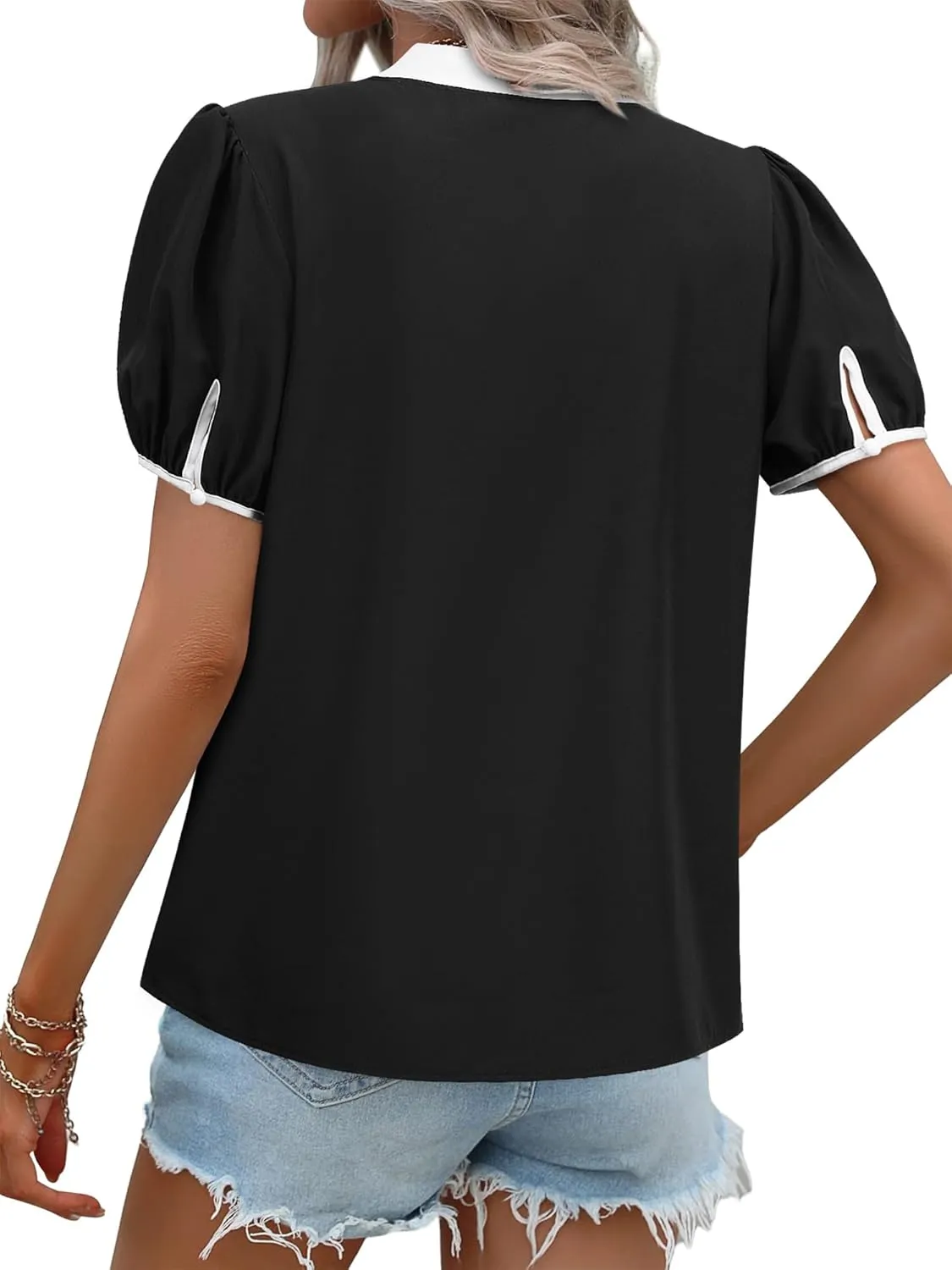 Womens   Front Tops Preppy Color Block Bowknot Puff Short Sleeves Shirts V Neck Colorblocked Blouse Shirt Top