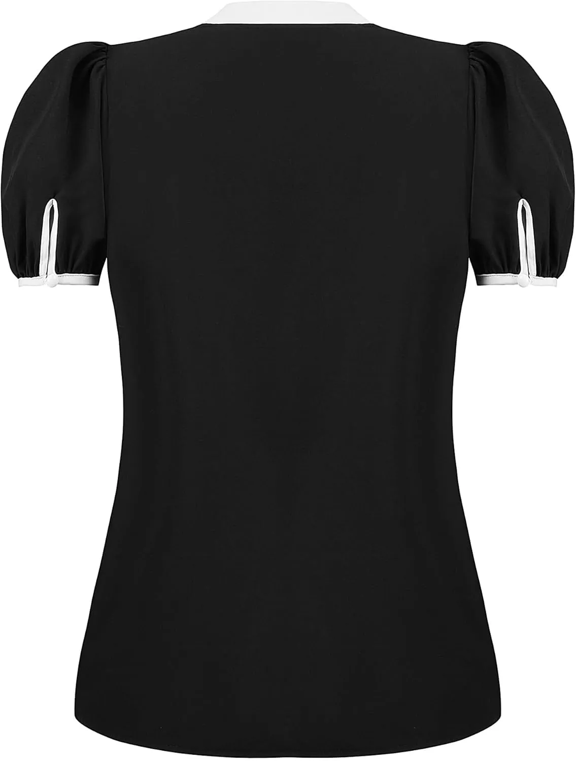 Womens   Front Tops Preppy Color Block Bowknot Puff Short Sleeves Shirts V Neck Colorblocked Blouse Shirt Top