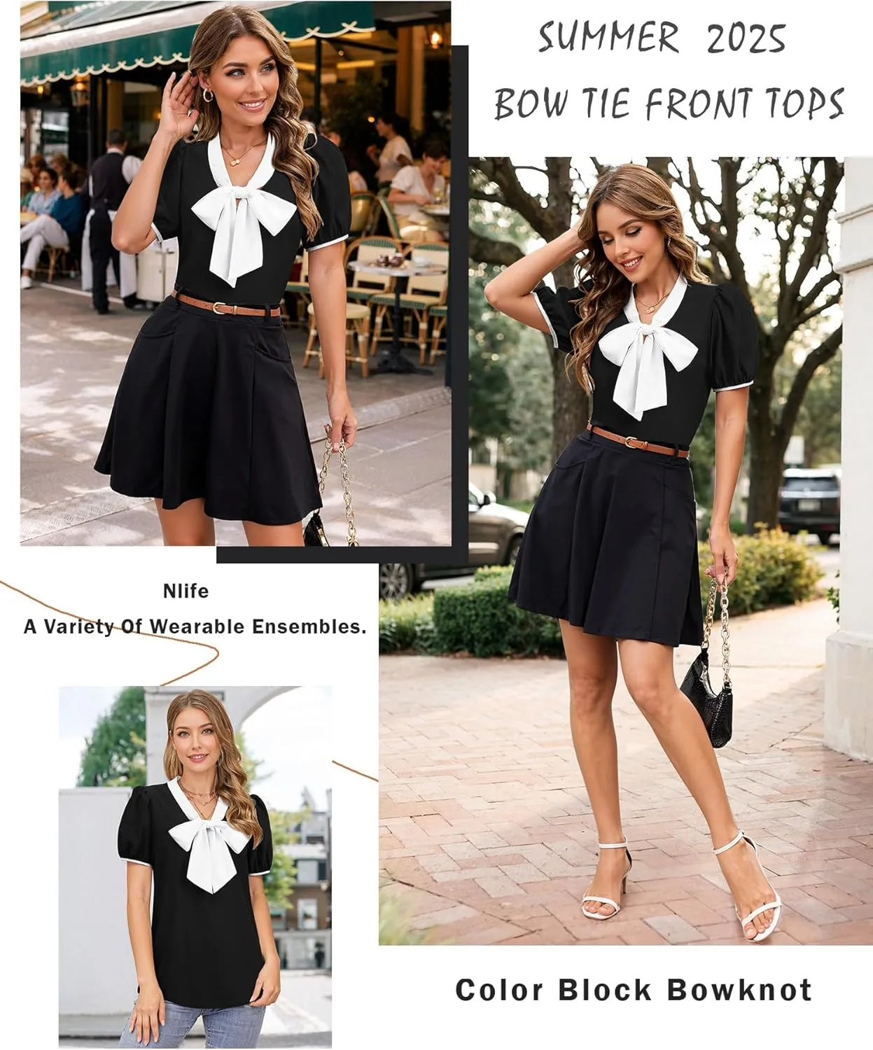 Womens   Front Tops Preppy Color Block Bowknot Puff Short Sleeves Shirts V Neck Colorblocked Blouse Shirt Top