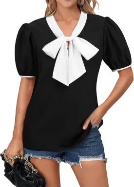Womens   Front Tops Preppy Color Block Bowknot Puff Short Sleeves Shirts V Neck Colorblocked Blouse Shirt Top