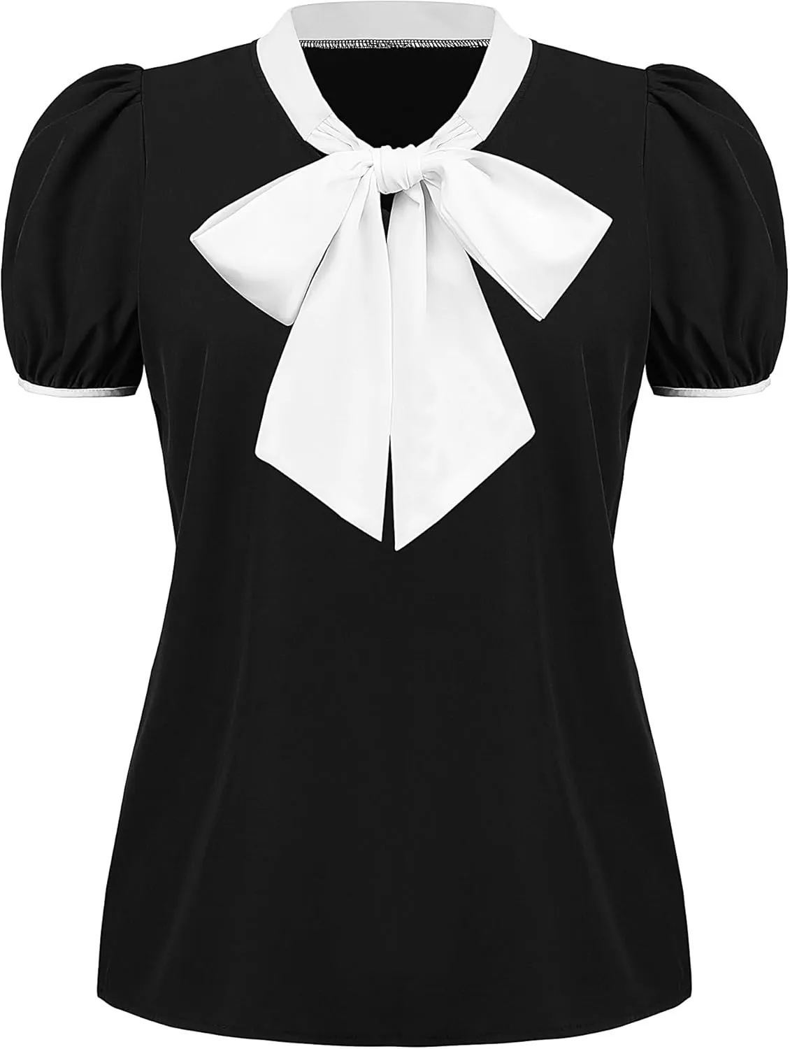 Womens   Front Tops Preppy Color Block Bowknot Puff Short Sleeves Shirts V Neck Colorblocked Blouse Shirt Top