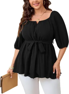 Women's Plus Size Square Neck Peplum Blouses Dressy Tops 3/4 Puff Sleeve Empire Waist Tie Ruffle Hem Babydoll Top
