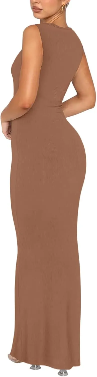 Women's Square Neck with Lace Trim Sleeveless Long Maxi Dress Lounge Ribbed Bodycon Elegant Dresses