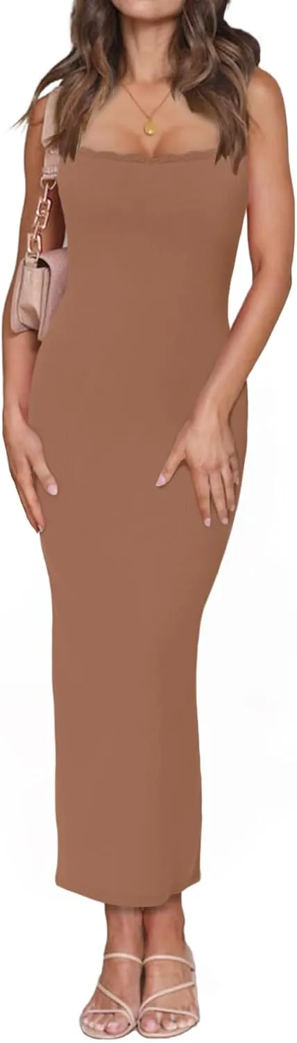 Women's Square Neck with Lace Trim Sleeveless Long Maxi Dress Lounge Ribbed Bodycon Elegant Dresses