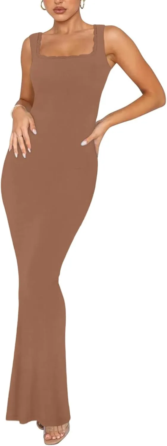 Women's Square Neck with Lace Trim Sleeveless Long Maxi Dress Lounge Ribbed Bodycon Elegant Dresses