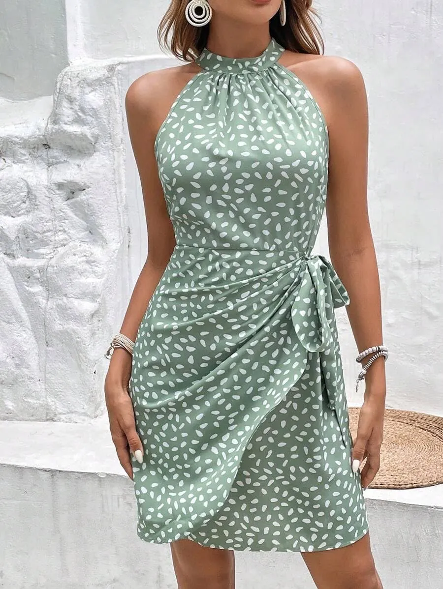 Women's Summer Dress Dot Print Halter Neck Tie Waist Casual Zipper Back Sundress Vacation Beach