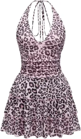 Women's Y2K Leopard Print Halter Dress Sexy Ruched Tie Backless Tiered Layer Mini Dresses Cheetah Mesh Ruffle Dress